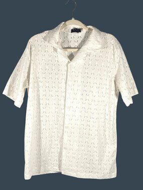 Vintage Kris White Crochet Button-Up Shirt Short Sleeve Mens Large beach resort